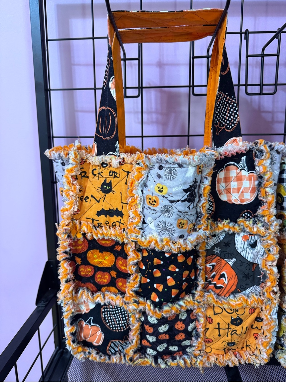 Halloween Rag Quilt Tote Bag in Orange and Black